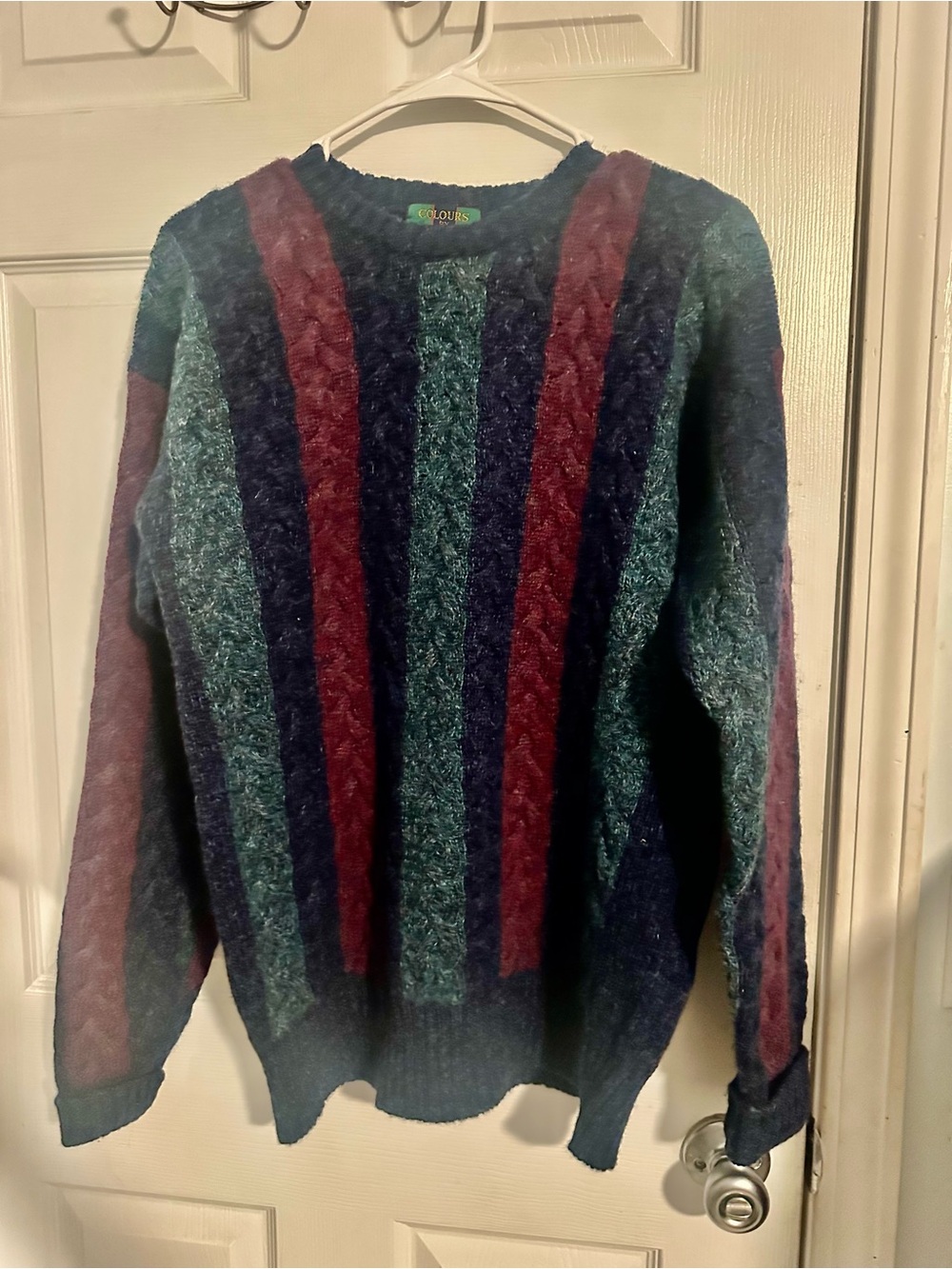 Vintage Alexander Julian Striped Crewneck Sweater in Teal, Navy & Burgundy